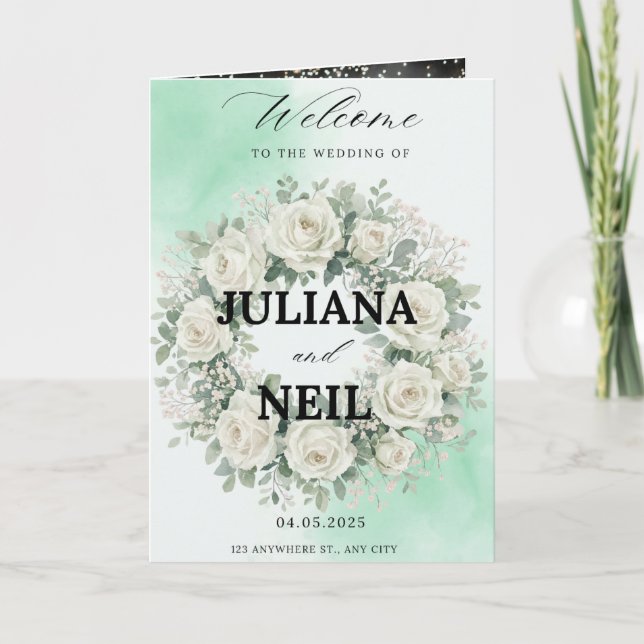 White Floral Greenery Wedding Invitation Template. (Front)