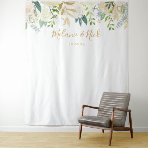 White Floral Greenery wedding photo backdrop Tapestry