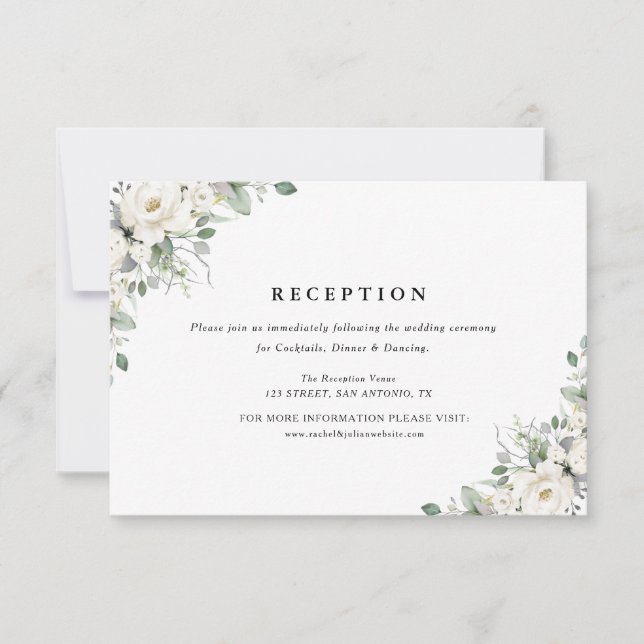 white floral greenery wedding reception card (Front)