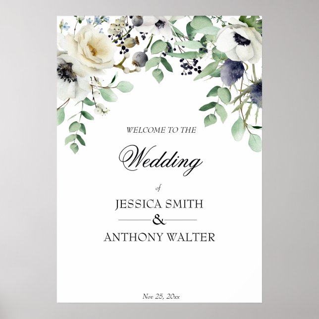 White floral greenery wedding welcome sign (Front)