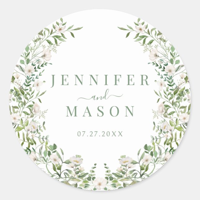 White floral greenery wreath bohemian wedding classic round sticker (Front)