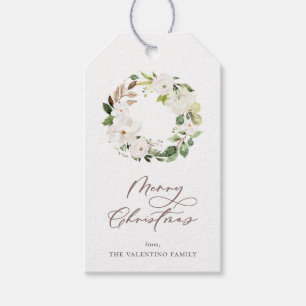 White Floral Greenery Wreath Christmas Gift Tags