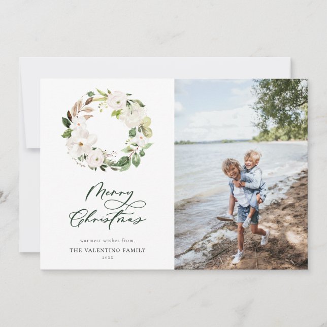 White Floral Greenery Wreath Christmas Photo Holiday Card (Front)
