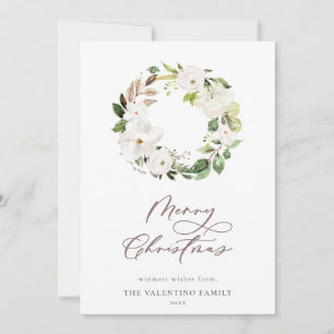 White Floral Greenery Wreath Christmas Script Holiday Card