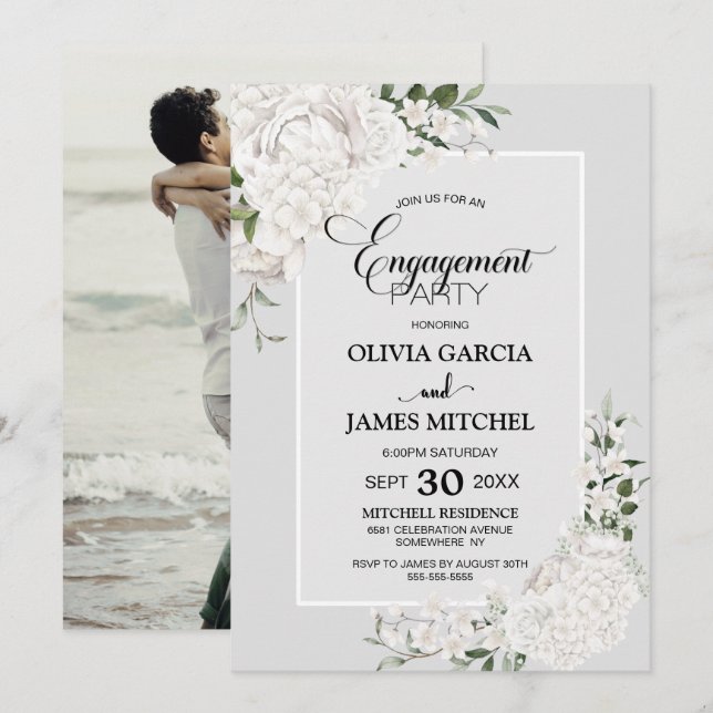 White Floral Grey Custom Photo Engagement Party Invitation (Front/Back)