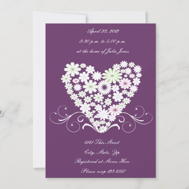 White floral heart bridal shower invitation (Front)