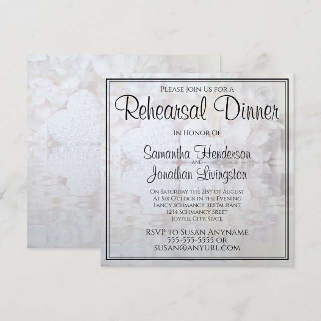 White Floral Hearts Waves Wedding Rehearsal Dinner Invitation (Front/Back)
