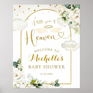 White Floral Heaven Baby Shower Welcome Sign