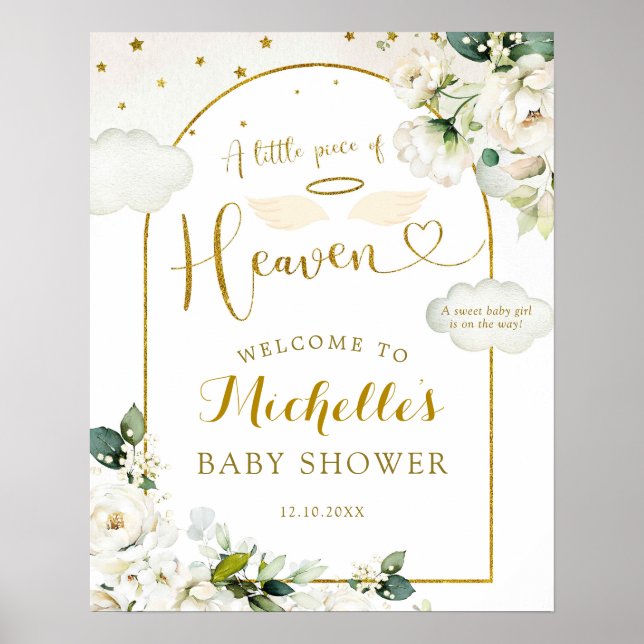 White Floral Heaven Baby Shower Welcome Sign (Front)