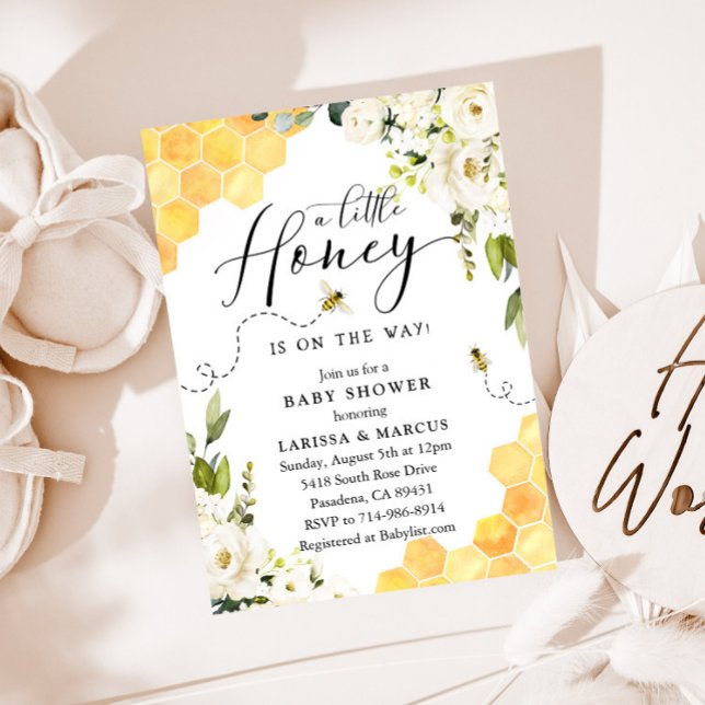 White Floral Honey Bee Baby Shower Invitation (Creator Uploaded)