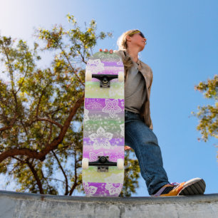 White Floral Hot Pink Purple Lime Green Stripes Skateboard