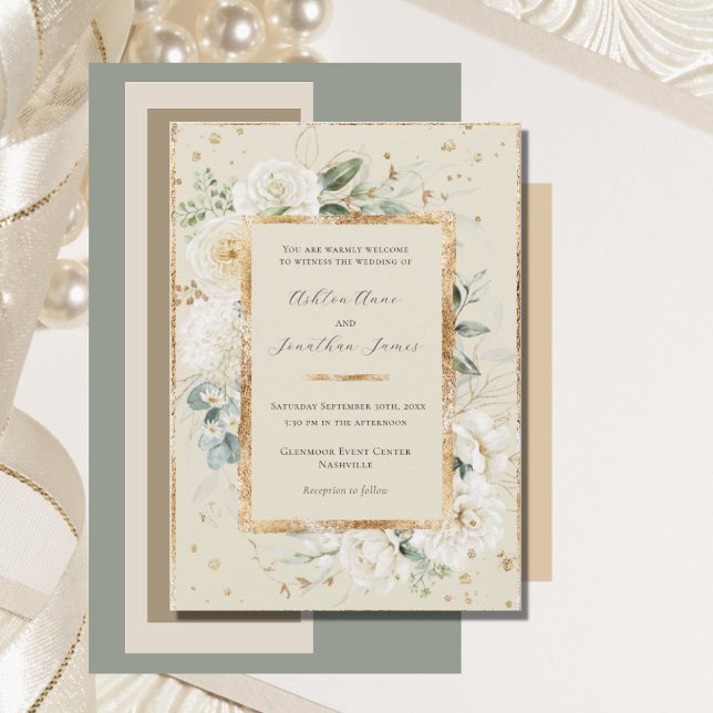 White Floral Hydrangea Roses Gold Cream Wedding Invitation (Creator Uploaded)