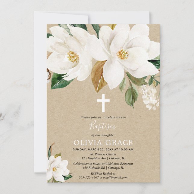 White floral kraft magnolia gender neutral baptism invitation (Front)