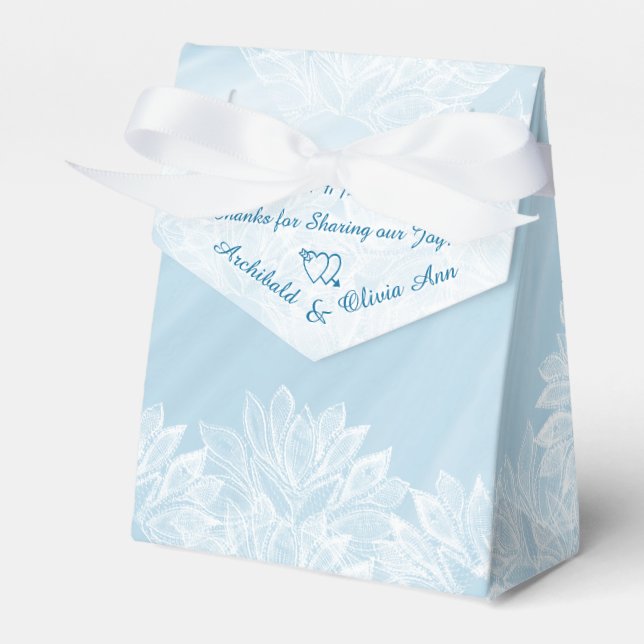 White Floral Lace and Pale Blue Satin Favour Box (Front Side)