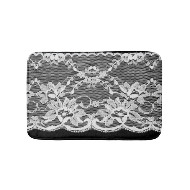 White floral lace: black background. bath mat (Front)