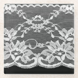 White floral lace: black background. glass coaster