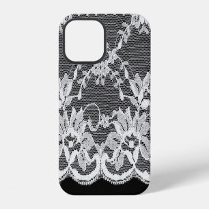 White floral lace: black background. iPhone 12 case