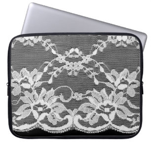 White floral lace: black background. laptop sleeve