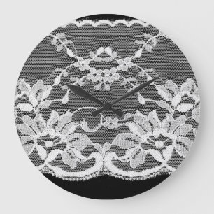 White floral lace: black background. large clock