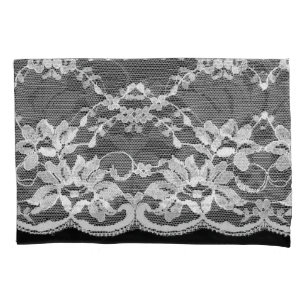 White floral lace: black background. pillowcase