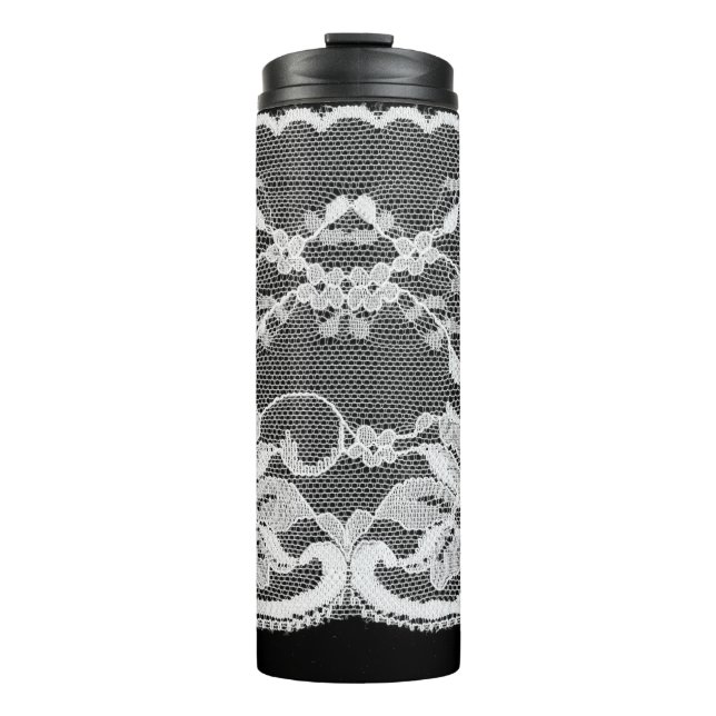 White floral lace: black background. thermal tumbler (Front)