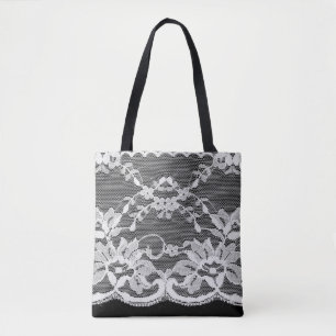 White floral lace: black background. tote bag