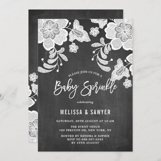 White Floral Lace Faux Chalkboard Baby Sprinkle Invitation (Front/Back)