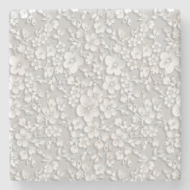 White Floral Lace Look Stone Coaster (Front)