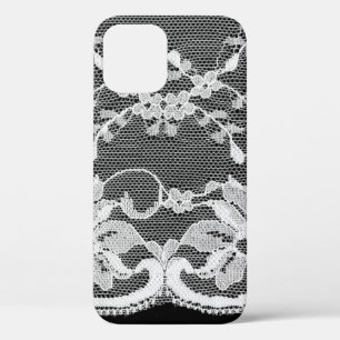 White floral lace on a black background. iPhone 12 case