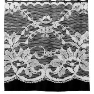 White floral lace on a black background. shower curtain