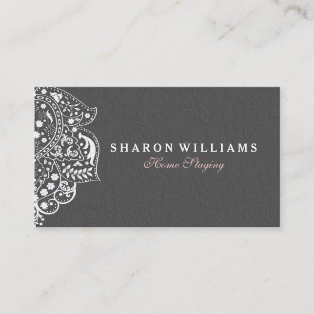 White Floral Lace On Grey Floral Damasks Business Card (Front)