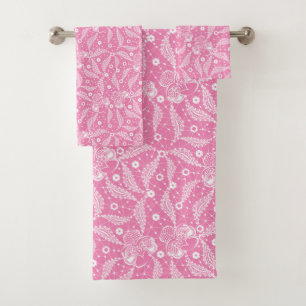 White floral lace on pink background  bath towel set