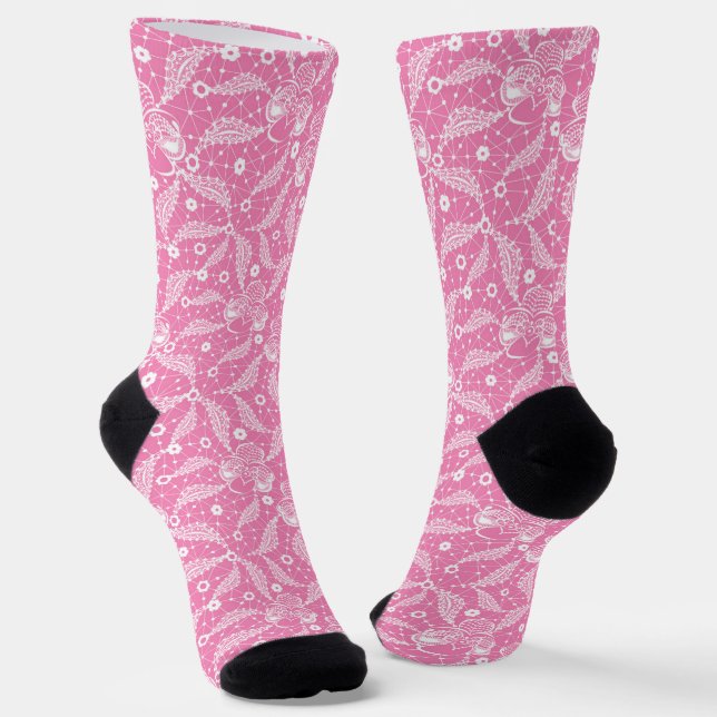 White floral lace on pink background  socks (Angled)
