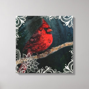 White floral lace Primitive Christmas Red Cardinal Canvas Print
