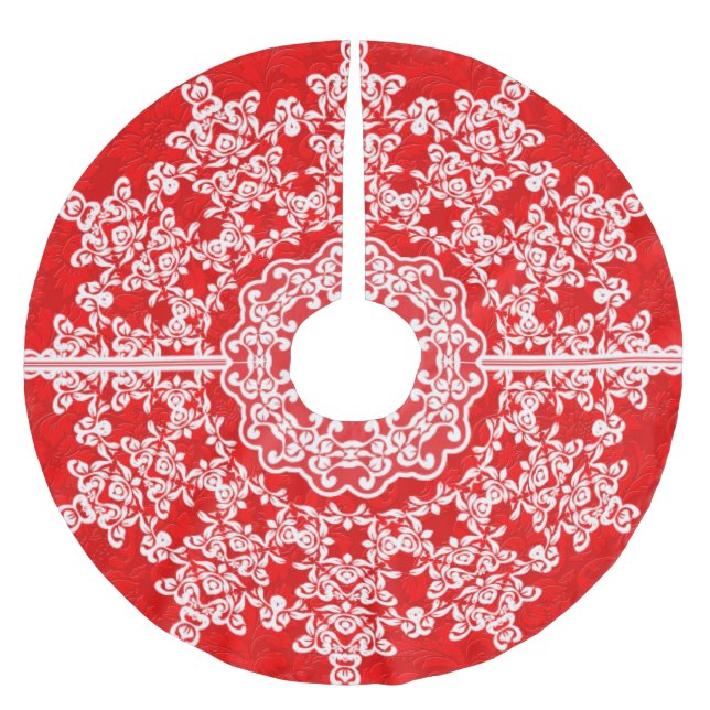 White Floral Lace Red Damasks Brushed Polyester Tree Skirt (Front)