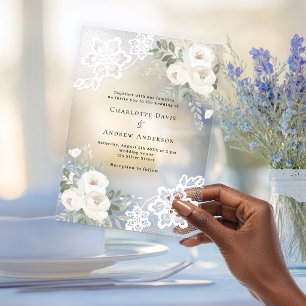 White floral lace wedding acrylic invitations