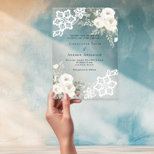 White floral lace wedding acrylic invitations