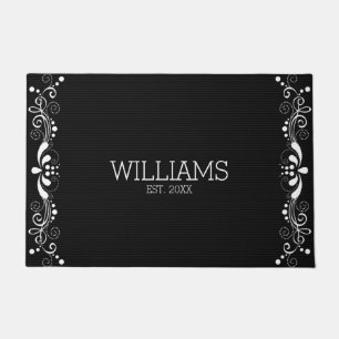 White Floral Lace With Black Texture Background Doormat