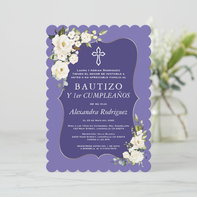 White Floral Lavender Spanish 1st Birthday Baptism Invitation (Standing Front)