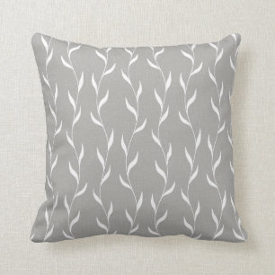 White Floral Leaves Botanical Pattern on Grey Cushion