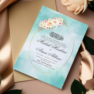 White Floral & light Green Islamic Muslim Wedding Invitation