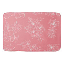 White Floral Line Art Bath Mat - Coral Pink Decor