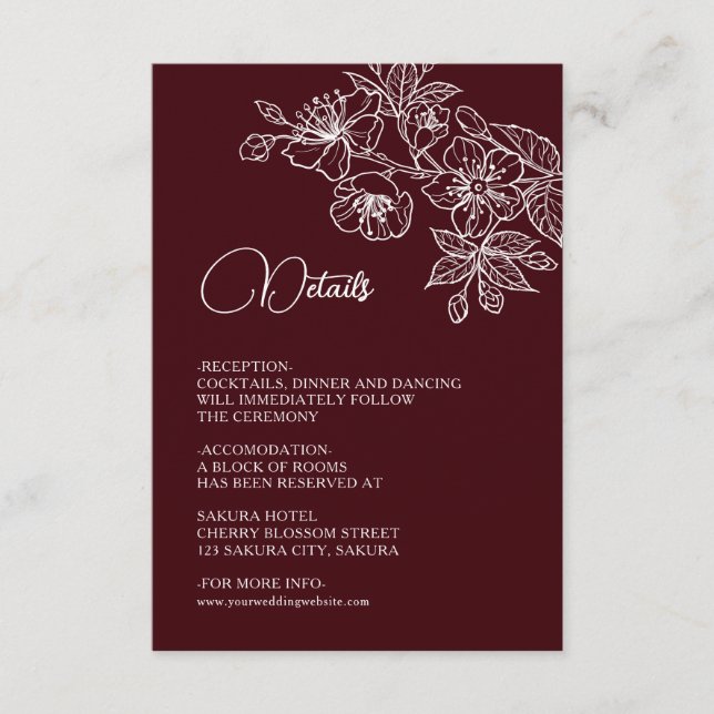 White Floral Line Art Burgundy Wedding Enclosure Card (Front)