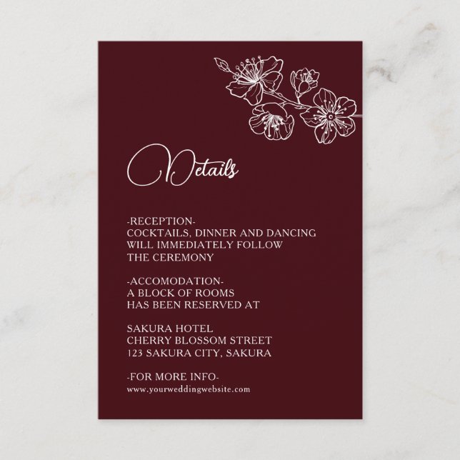 White Floral Line Art Burgundy Wedding Enclosure Card (Front)