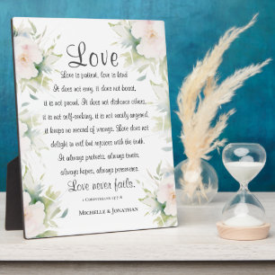 White Floral Love Never Fails Bible Verse Wedding Plaque