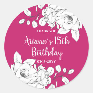 White Floral Magenta Birthday Classic Round Sticker