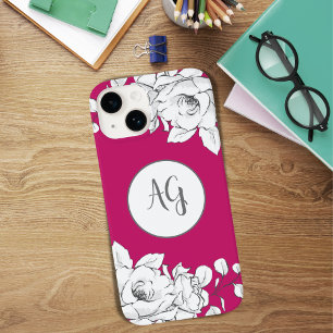 White Floral Magenta Monogram Case-Mate iPhone 14 Case