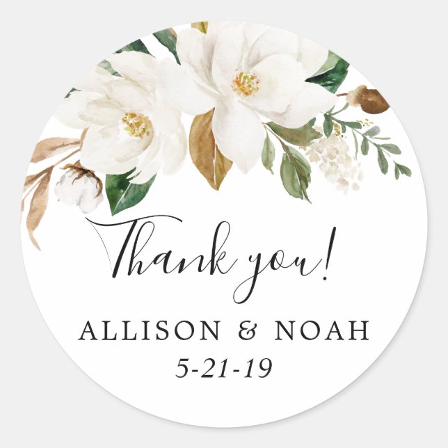 White floral magnolia greenery favour classic round sticker (Front)
