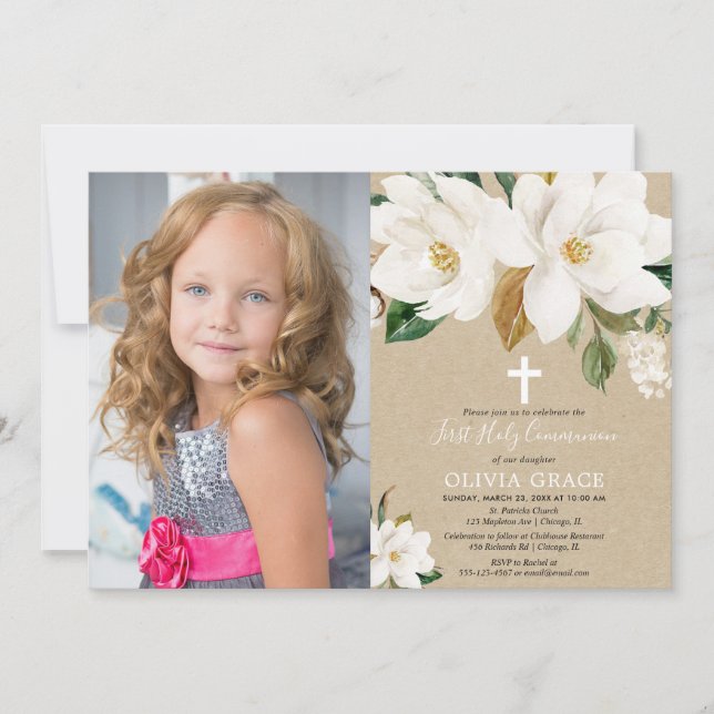 White floral magnolia rustic first communion photo invitation (Front)