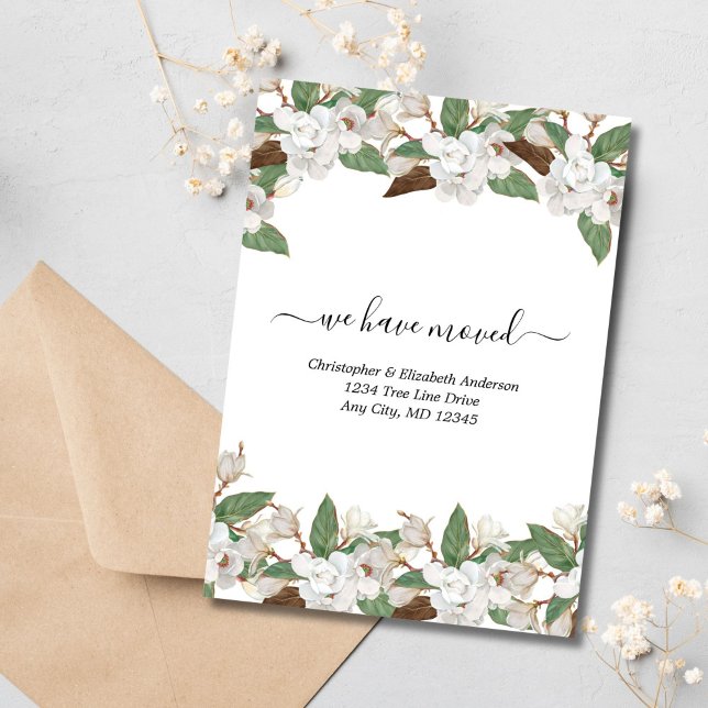 White Floral Magnolias Script Moving Announcement (White Florals Magnolias Moving Announcement Flat card)